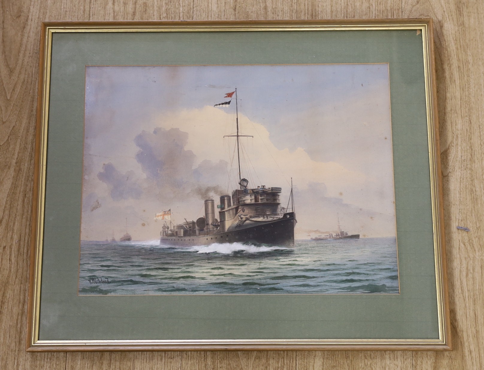 Harold Whitehead, watercolour, WW1 gunboat at sea, signed, 38 x 51 cm.